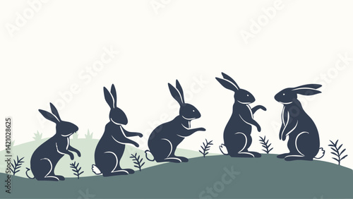 Five Black Rabbit Silhouettes Vector Art Grassy Hill Nature Scene