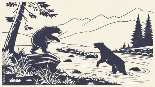Vintage Woodcut Style Illustration Two Grizzly Bears Fighting in a Wild River Landscape