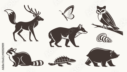 Monochrome Wildlife Illustration Set - Deer, Fox, Owl, Bear, Raccoon, Butterfly, Snail, Armadillo