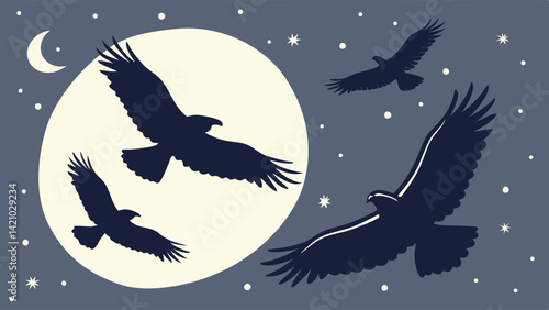 Night Sky Eagles Silhouettes Flying Moon Stars Vector Art