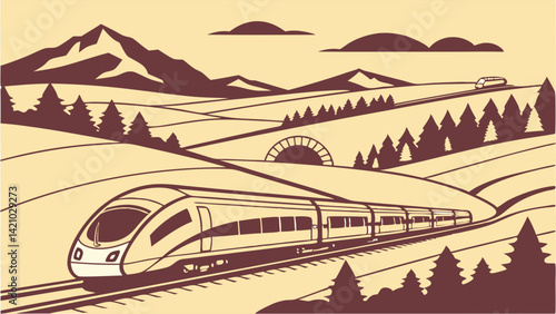 Brown Vintage Style High-Speed Train Illustration in Scenic Mountain Landscape with Trees, Hills, and Tunnel