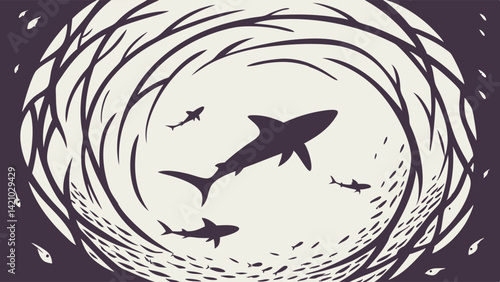 Dark Shark Silhouettes in Swirling Abstract Underwater Art Illustration