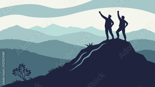 Muted Blue Green Mountain Peak Team Success Silhouettes Vector Art