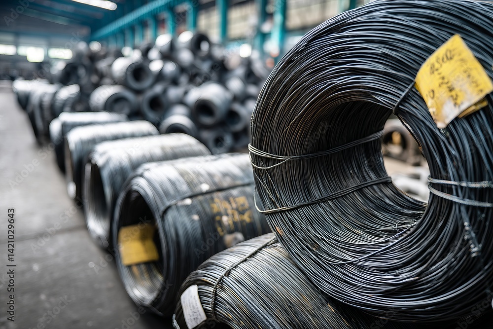 Obraz premium Steel Wire Reels Stockpiled in Industrial Warehouse: A Glimpse into Metal Manufacturing