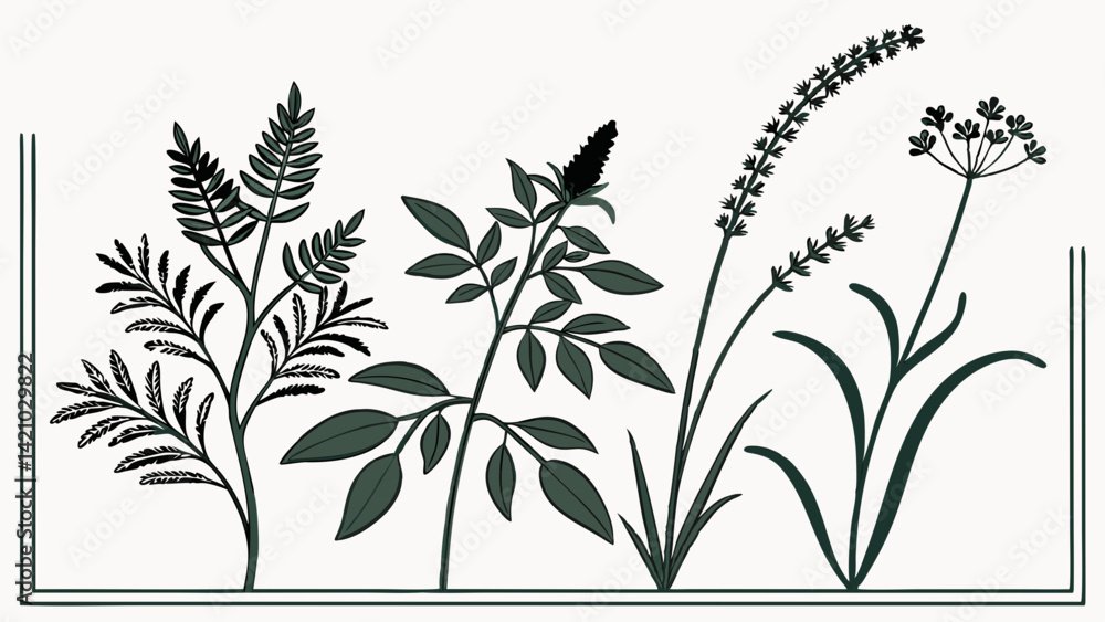 Stylized green silhouette botanical illustration of four unique medicinal herbal plants in a container Stylized green silhouette botanical illustration of four unique medicinal herbal plants in a container