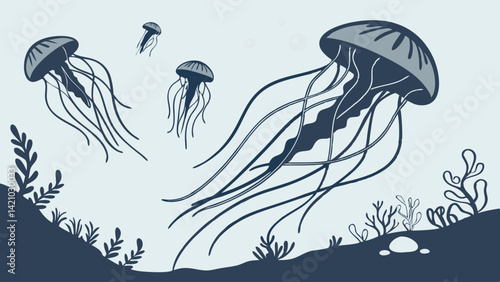 Simple blue illustration of jellyfish swimming underwater marine life drawing with plants and seabed