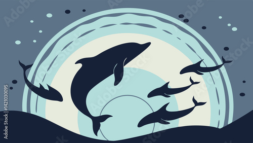 Stylized dark blue dolphin silhouettes leap from ocean waves under a large circular shape.