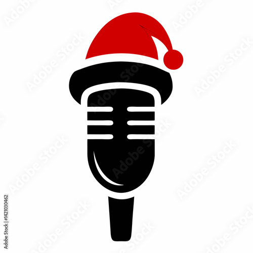 Black retro microphone with Santa red hat vector on white background.