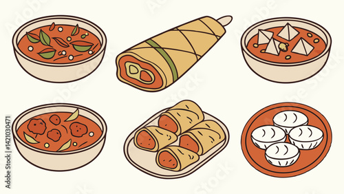 Simple Illustration of Various Indian and Asian Dishes Curries Rolls Momos and Wraps