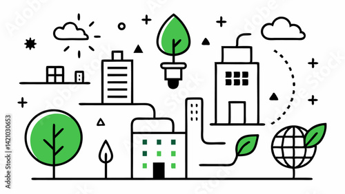 Vector eco urbanism icon set in modern line style ideal for urban planning tools, sustainability-themed websites, and clean technology digital illustrations