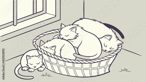 Cute Sleeping Kittens in Basket - Cartoon Line Art of Cats Napping Indoor