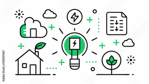 Energy saving editable icons set with clean line vector illustrations representing smart home devices and eco-conscious practices for modern lifestyles