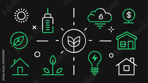 Energy saving editable icon collection with vector line illustrations depicting sustainable energy choices and efficient consumption for design projects
