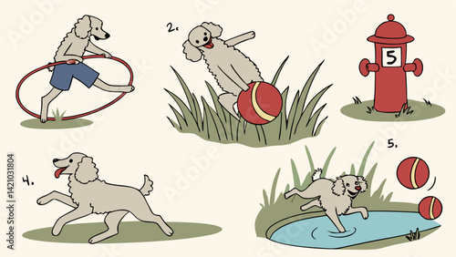Playful Cartoon Poodle Dog Hula Hoop Ball Water Fire Hydrant Fun