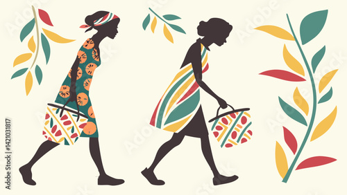 Decorative Ethnic Women Silhouettes Colorful Dresses Bags Vector Illustration