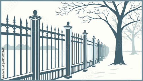 Winter Landscape with Iron Fence Vector Illustration - Snowy Trees and Cold Outdoor Scene