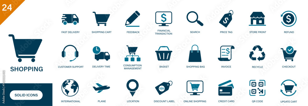 Shopping icon. Containing e commerce, payment, delivery, storefront, discount, customer support.