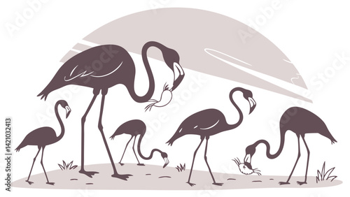 Stylized Flamingo Family Feeding Chicks Vector Illustration