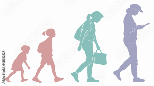 Silhouettes of Human Life Stages: Walking Figures - Toddler, Child, Teen, Adult with Tablet - Growth, Aging, and Technology Adoption