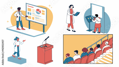 Seminar Presentation Vector Illustrations: Speakers, Audience, White Coats, Podium, Charts, Flat Style