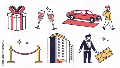 Luxury VIP Event Flat Design Gift Champagne Car Hotel Red Carpet Money