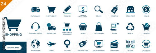 Obraz na płótnie Shopping icon. Containing e commerce, payment, delivery, storefront, discount, customer support. w salonie