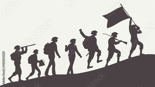 Silhouette Group Marching Uphill with Flag - Progress Journey Vector Graphic