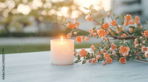 White Candle and Orange Flowers on a White Table Outdoors at Sunset