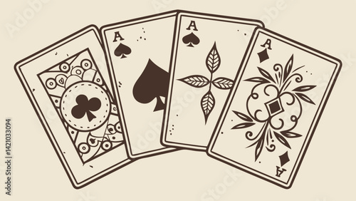 Vintage Playing Cards Four Aces Illustration - Clubs Spades Hearts Diamonds Art