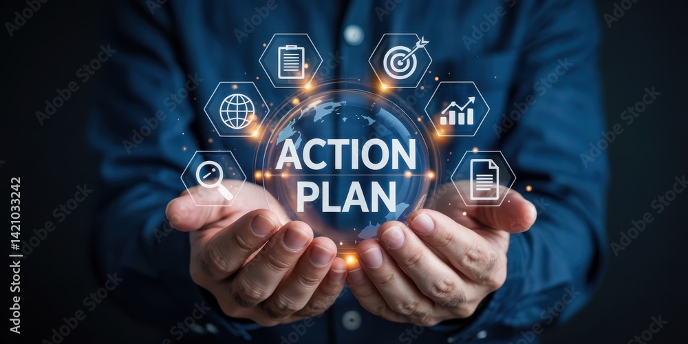 Fototapeta premium Businessperson holds a glowing action plan sphere.