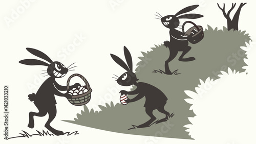 Vintage Easter Rabbits Delivering Eggs Baskets Silhouette Illustration