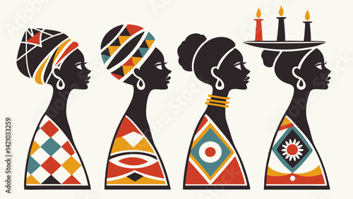 Stylized African Women Silhouettes Headwraps - Black Culture Heritage Vector Art