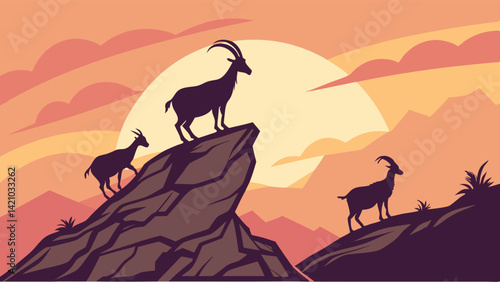 Sunset Mountain Goat Silhouette Vector Cliff Wildlife Nature Scene