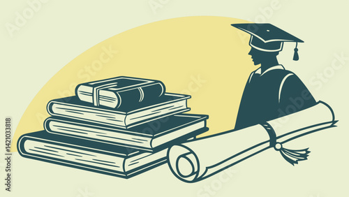 Vintage Style Education Vector Art Books Diploma Graduate Cap and Gown