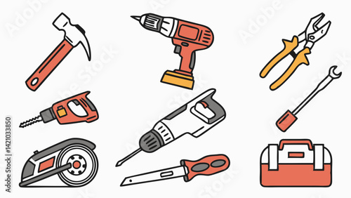 Hand Tools Vector Set Hammer Drill Pliers Wrench Screwdriver Saw Sander Toolbox - DIY Home Improvement Construction Repair