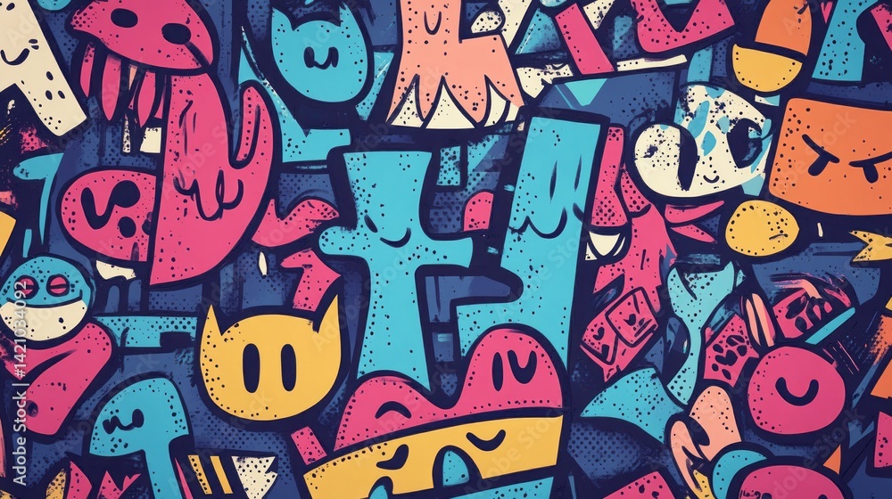 Obraz premium Playful colorful graffiti showcases various whimsical cartoon characters together