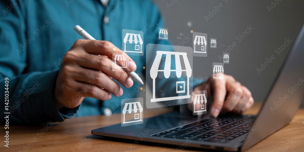 Digital storefront management using a laptop. Digital storefront management using a laptop.