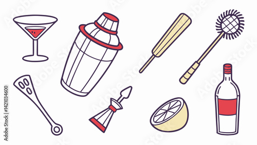 Cartoon Vector Cocktail Bar Tools: Shaker, Muddler, Strainer, Jigger, Lemon, Glass, Bottle Illustration