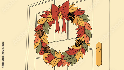 Autumn Wreath for Front Door Fall Leaves Pinecones Bow Cartoon Illustration