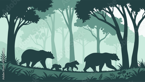 Bear Family Silhouette in Green Forest Wildlife Art