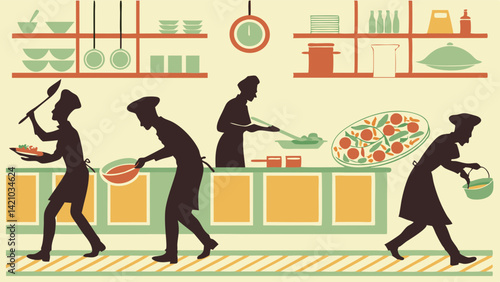 Retro Restaurant Kitchen Chefs Food Prep Illustration