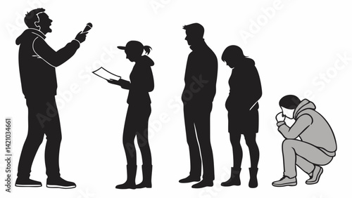 Digital Age Isolation Black and White Vector Silhouette of People Slouching Crouching with Phones and Tablets Negative Social Impact