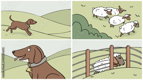 Cartoon Dog Herding Sheep, Sheep Stuck in Fence, Funny Farm Animal Illustration Bell Collar