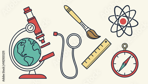 Educational School Subject Icons Science Art Math Tools Flat Style Illustration Microscope Paintbrush Atom Compass Ruler Magnifying Glass