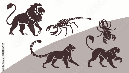 Animal Silhouettes Vector: Lion, Panther, Scorpion, Beetle - Wildlife Art Design