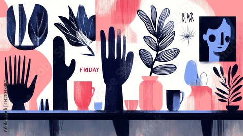 Wallpaper Mural Stylized composition of objects plants and the words black friday Torontodigital.ca