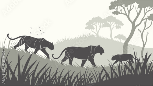 Walking Black Panthers Grayscale Grassland Wildlife Art