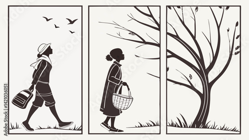 Seasons Woman Walking Tree Black White Paper Cut Illustration