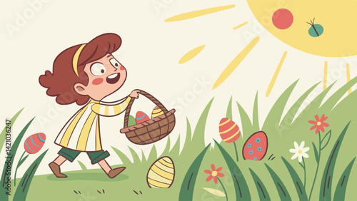 Sunny Spring Cartoon Girl Easter Egg Hunt Basket in Grassy Field