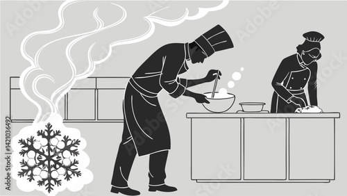 Chefs Cooking Restaurant Kitchen Black and White Frozen Illustration